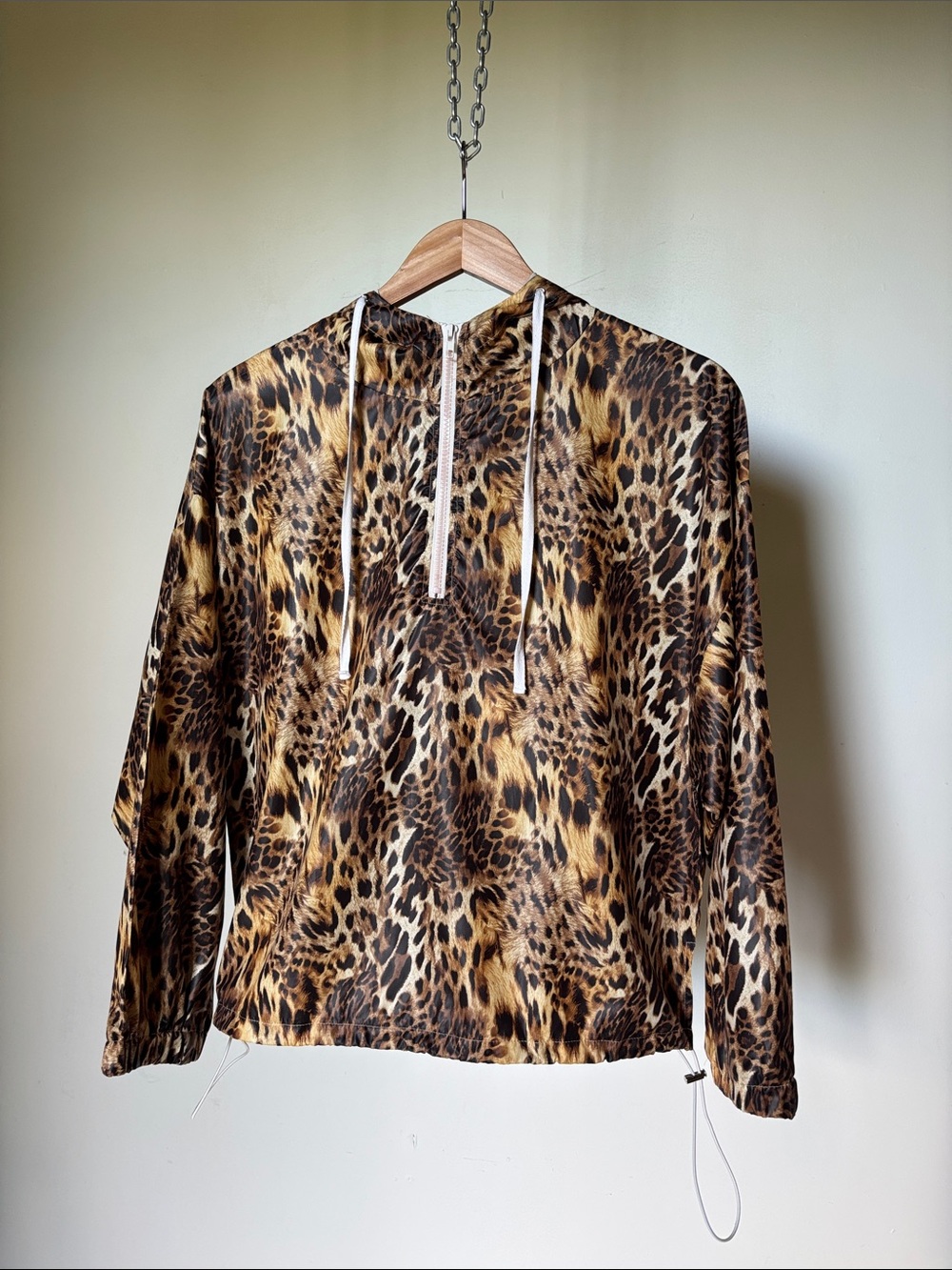Know One Cares Leopard Print Half-Zip Windbreaker Hoodie Size Small - Picture 2 of 8